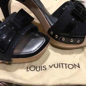 LOUIS VUITTON LV monogram blue denim yellow bow patent wooden clog sandals  EU36